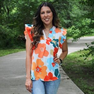 Floral Print Ruffled Sleeve V-Neck Top